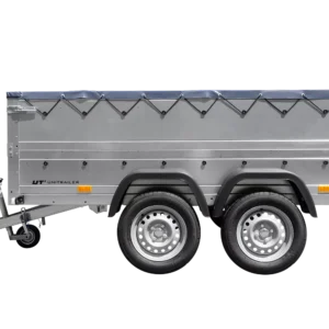 GARDEN TRAILER 264/2 KIPP remorque à deux essieux avec roue jockey, châssis H-0, ridelles BIS et bâche plate grise