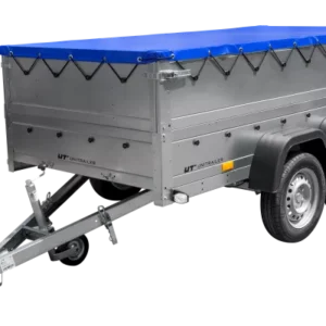 GARDEN TRAILER 264/2 KIPP remorque à deux essieux avec roue jockey, tiges de support, ridelles supplémentaires et bâche plate bleue