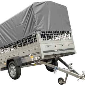 Grande remorque 230×125 avec bâche haute grise, ridelles grillagées et roue jockey – Garden Trailer 230 KIPP