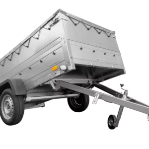 Grande remorque 230×125 avec bâche plate grise, rehausses de ridelles et roue jockey – Garden Trailer 230 KIPP