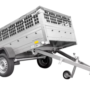 Grande remorque 230×125 avec bâche plate, ridelles grillagées, roue jockey et tiges de support bâche – Garden Trailer 230 KIPP