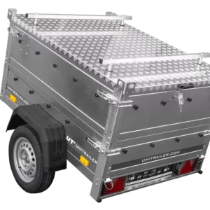 Remorque un essieu 150×106 UNITRAILER GARDEN 150 KIPP avec côtés, ridelles supplementaires et capot en aluminium