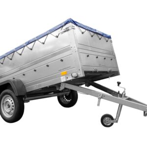 Remorque simple essieu Unitrailer GARDEN TRAILER 264 KIPP avec rehausses de ridelles et bâche plate bleue