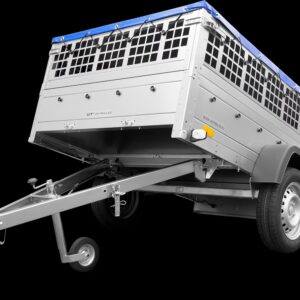 Remorque utilitaire 200×125 avec bâche plate, ridelles grillagées et roue jockey