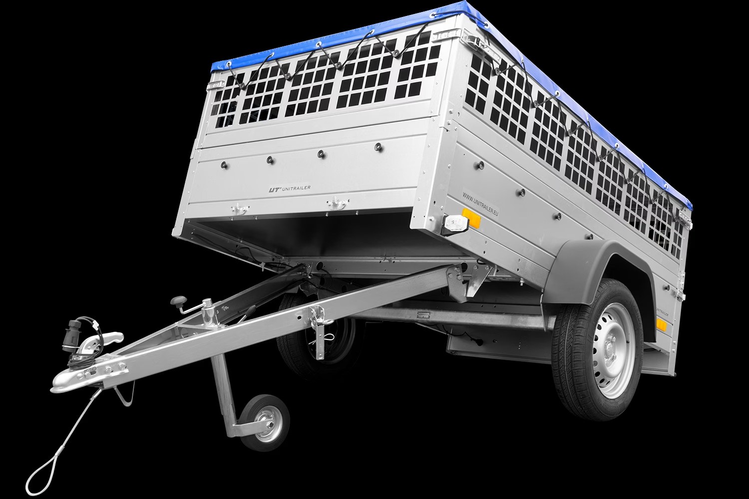 Remorque utilitaire 200×125 avec bâche plate, ridelles grillagées et roue jockey