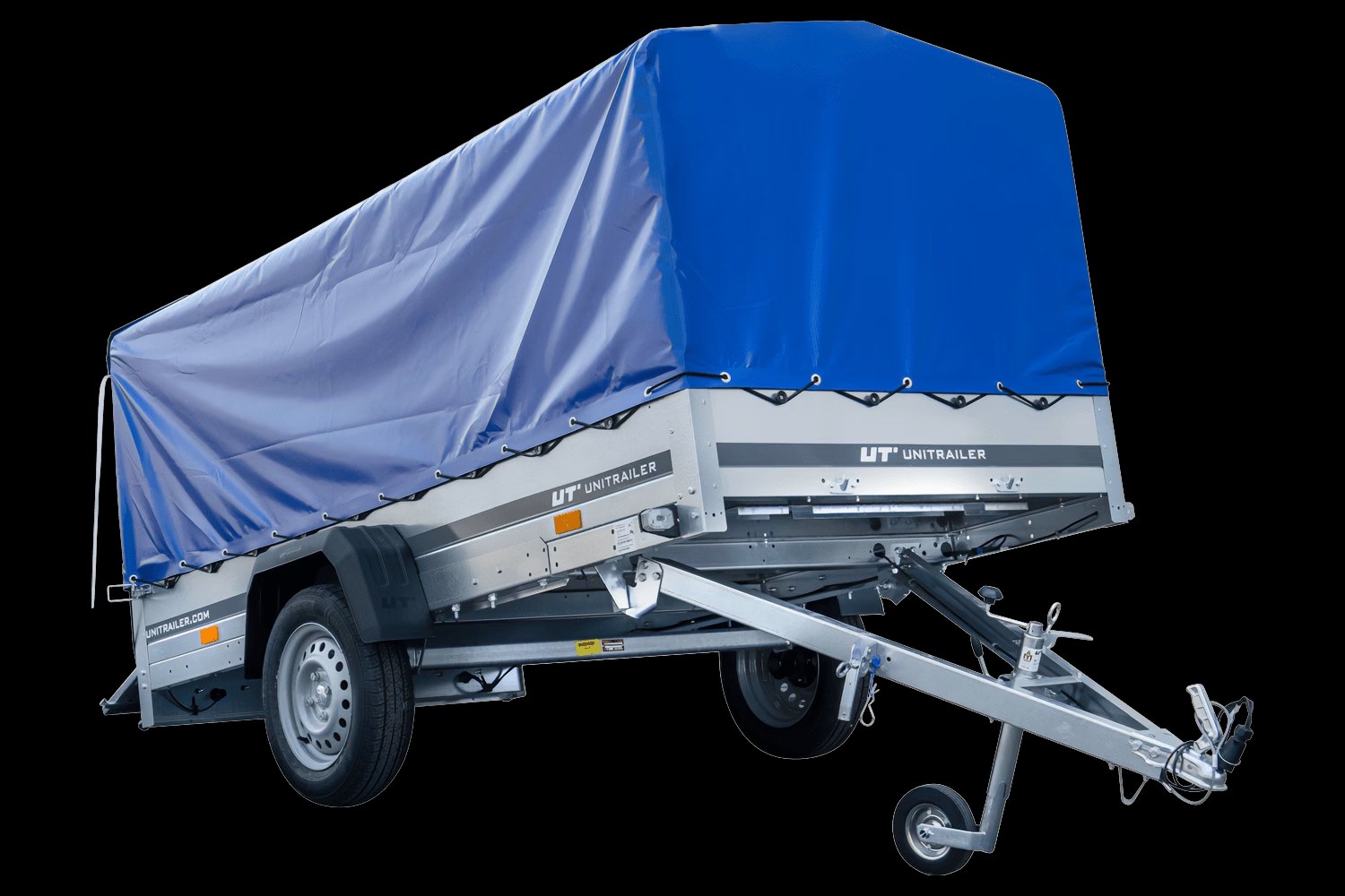 Remorque voiture longue GARDEN TRAILER 264 KIPP avec roue jockey et bâche bleue