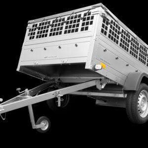 Remorque voiture utilitaire 200×125 avec bâche plate, ridelles grillagées et roue jockey