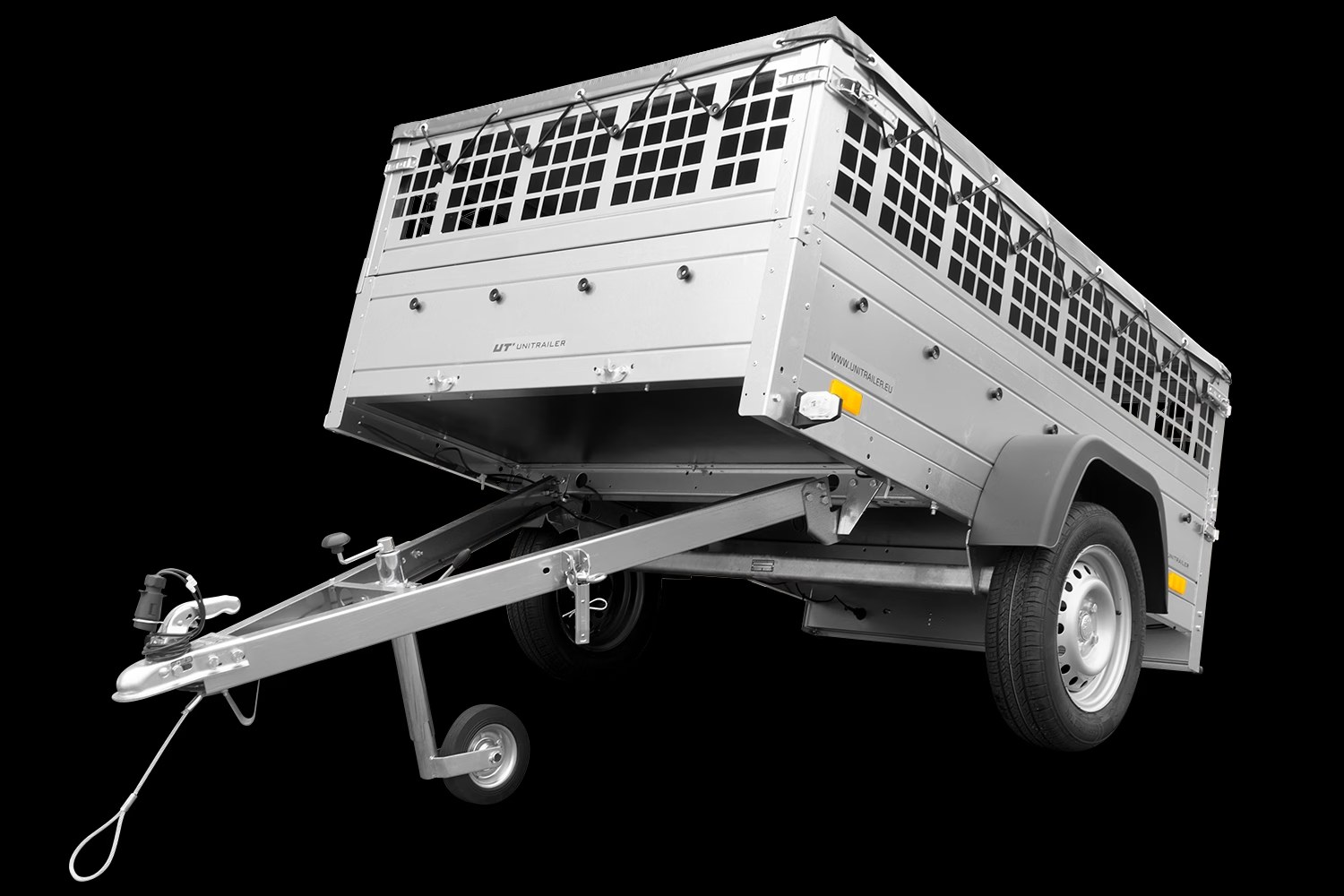 Remorque voiture utilitaire 200×125 avec bâche plate, ridelles grillagées et roue jockey